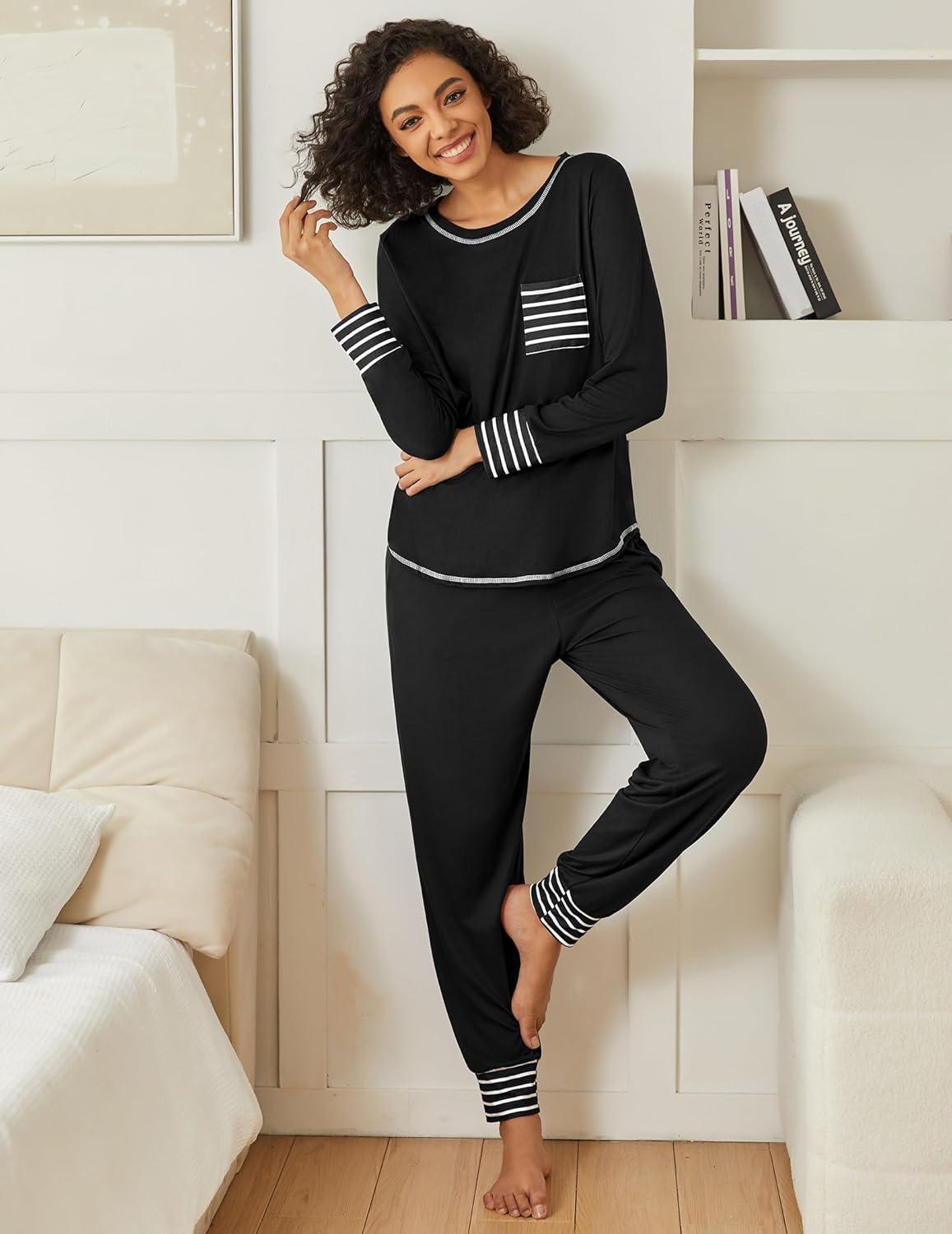 imageEkouaer 2 Pack Womens Pajama Sets Long Sleeve Lounge Sets Soft Pj Sleepwear LoungewearBlackLeopard