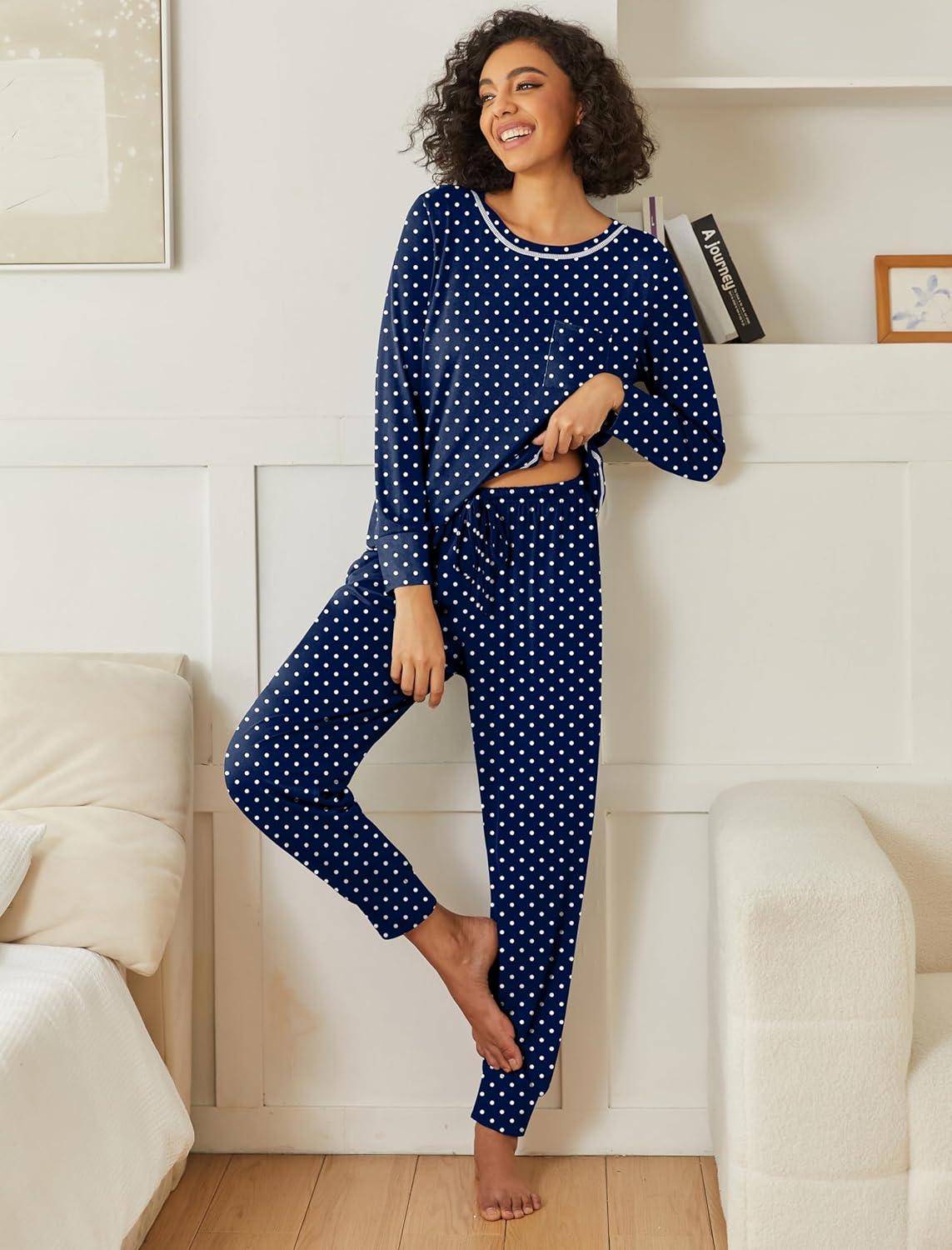 imageEkouaer 2 Pack Womens Pajama Sets Long Sleeve Lounge Sets Soft Pj Sleepwear LoungewearRed StripeNavy Dots