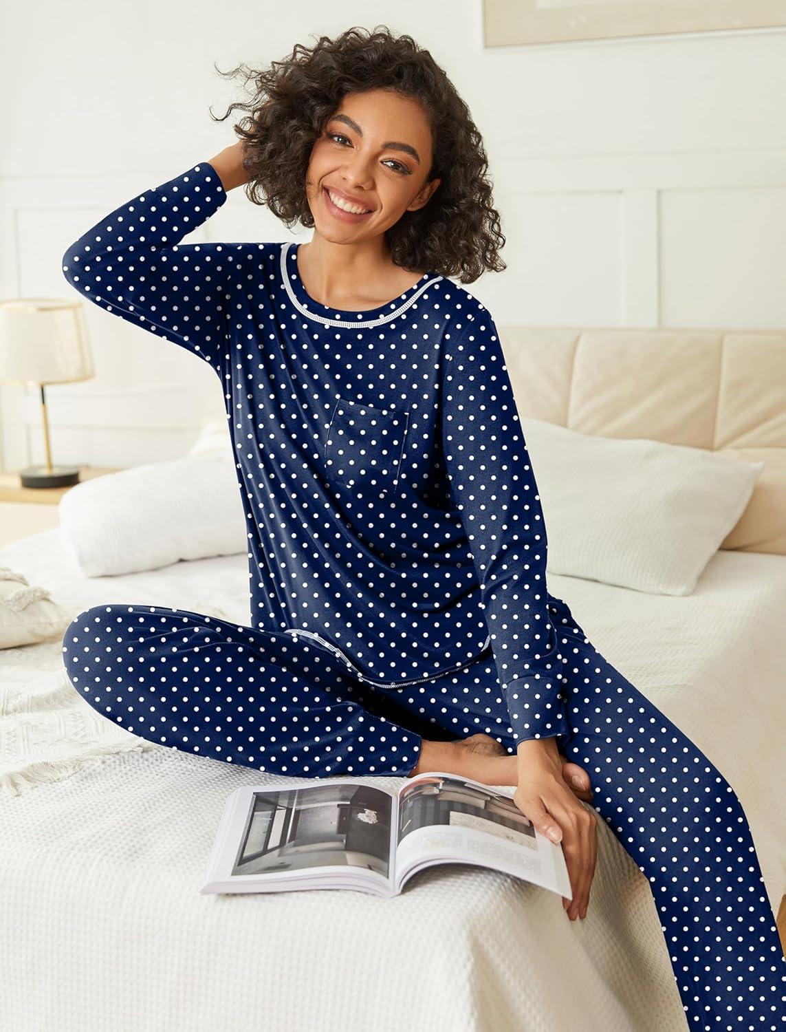 imageEkouaer 2 Pack Womens Pajama Sets Long Sleeve Lounge Sets Soft Pj Sleepwear LoungewearRed StripeNavy Dots