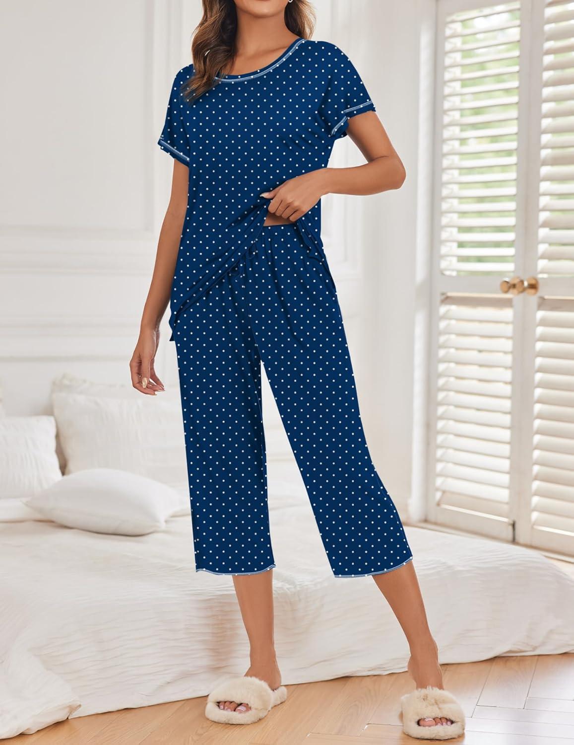 imageEkouaer 2 Pack Womens Pajamas Sets Short Sleeve Tops and Capri Pants Pjs Colorful Printed Sleepwear SetsBlack Polka Dots