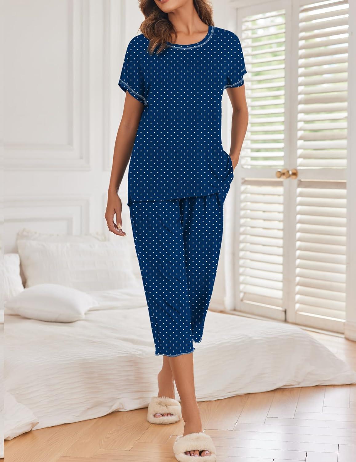 imageEkouaer 2 Pack Womens Pajamas Sets Short Sleeve Tops and Capri Pants Pjs Colorful Printed Sleepwear SetsBlack Polka Dots