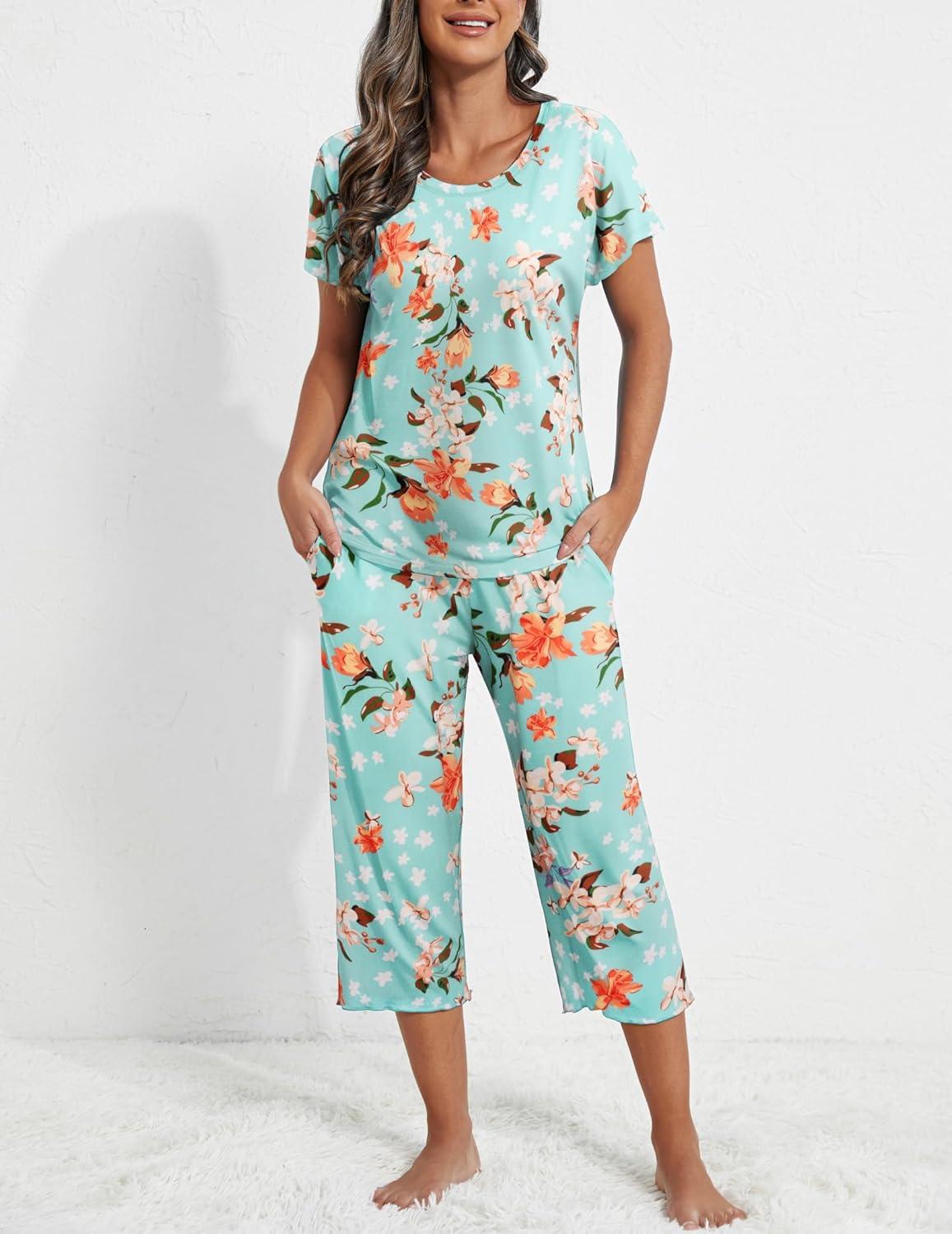 imageEkouaer 2 Pack Womens Pajamas Sets Short Sleeve Tops and Capri Pants Pjs Colorful Printed Sleepwear SetsBlue Flowers Black Flowers