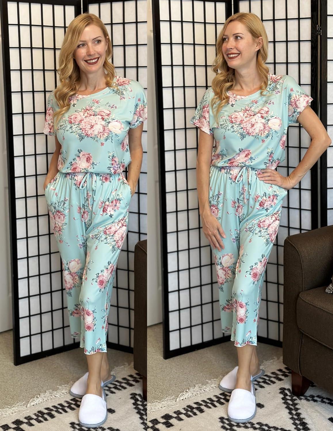 imageEkouaer 2 Pack Womens Pajamas Sets Short Sleeve Tops and Capri Pants Pjs Colorful Printed Sleepwear SetsBlue Flowers Black Flowers