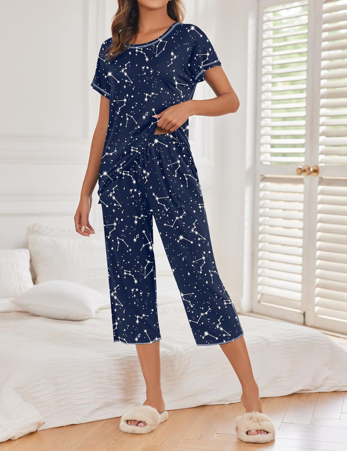 imageEkouaer 2 Pack Womens Pajamas Sets Short Sleeve Tops and Capri Pants Pjs Colorful Printed Sleepwear SetsBlue Stars Moon
