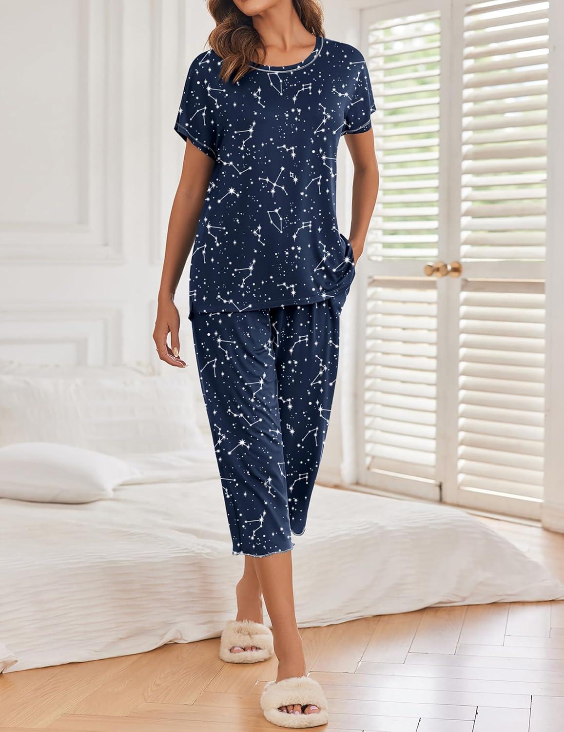 imageEkouaer 2 Pack Womens Pajamas Sets Short Sleeve Tops and Capri Pants Pjs Colorful Printed Sleepwear SetsMoon Stars