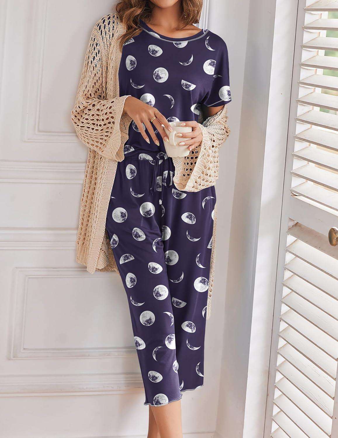imageEkouaer 2 Pack Womens Pajamas Sets Short Sleeve Tops and Capri Pants Pjs Colorful Printed Sleepwear SetsMoon Stars