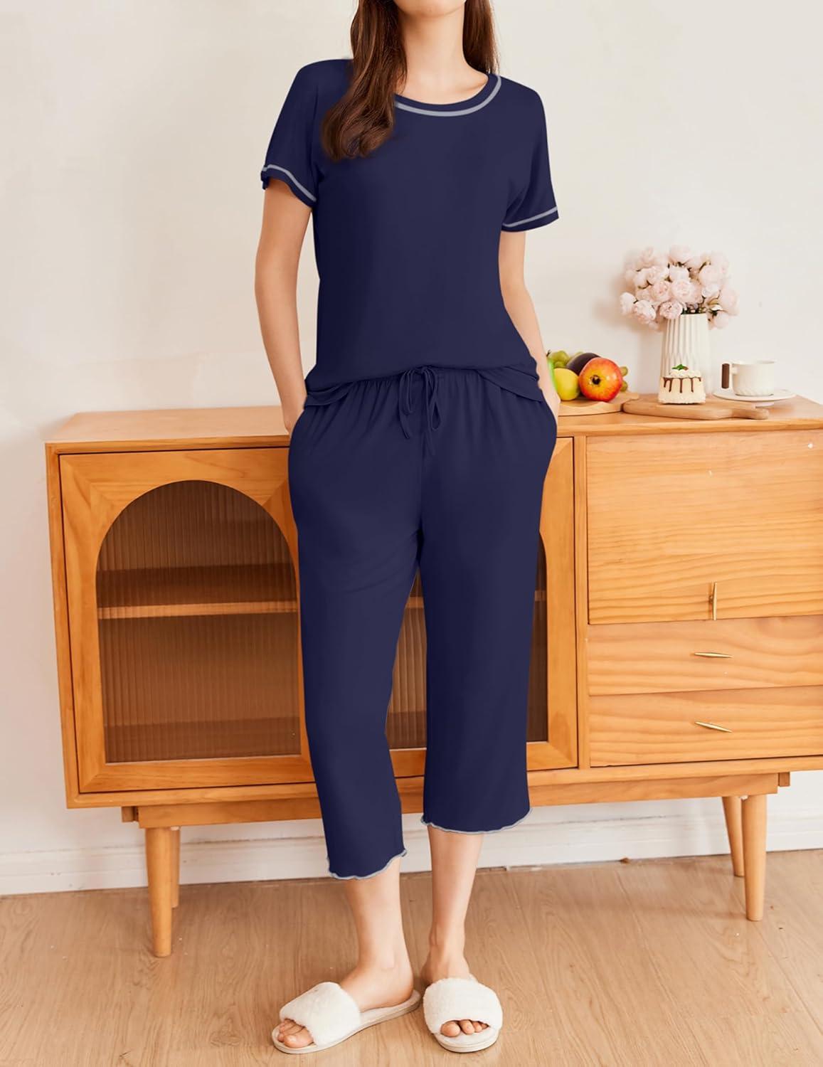 imageEkouaer 2 Pack Womens Pajamas Sets Short Sleeve Tops and Capri Pants Pjs Colorful Printed Sleepwear SetsNavy Blue Wine Red