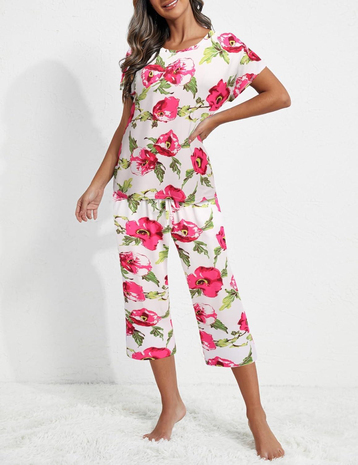 imageEkouaer 2 Pack Womens Pajamas Sets Short Sleeve Tops and Capri Pants Pjs Colorful Printed Sleepwear SetsPink Flowers Black Flowers