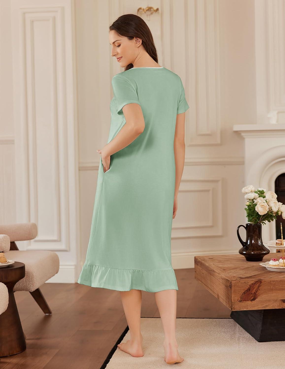imageEkouaer Cotton Nightgowns for Women Soft Long Button Night Gowns Comfy House Dress with Pockets Short Sleeve Sleepwear S3XLLight Green