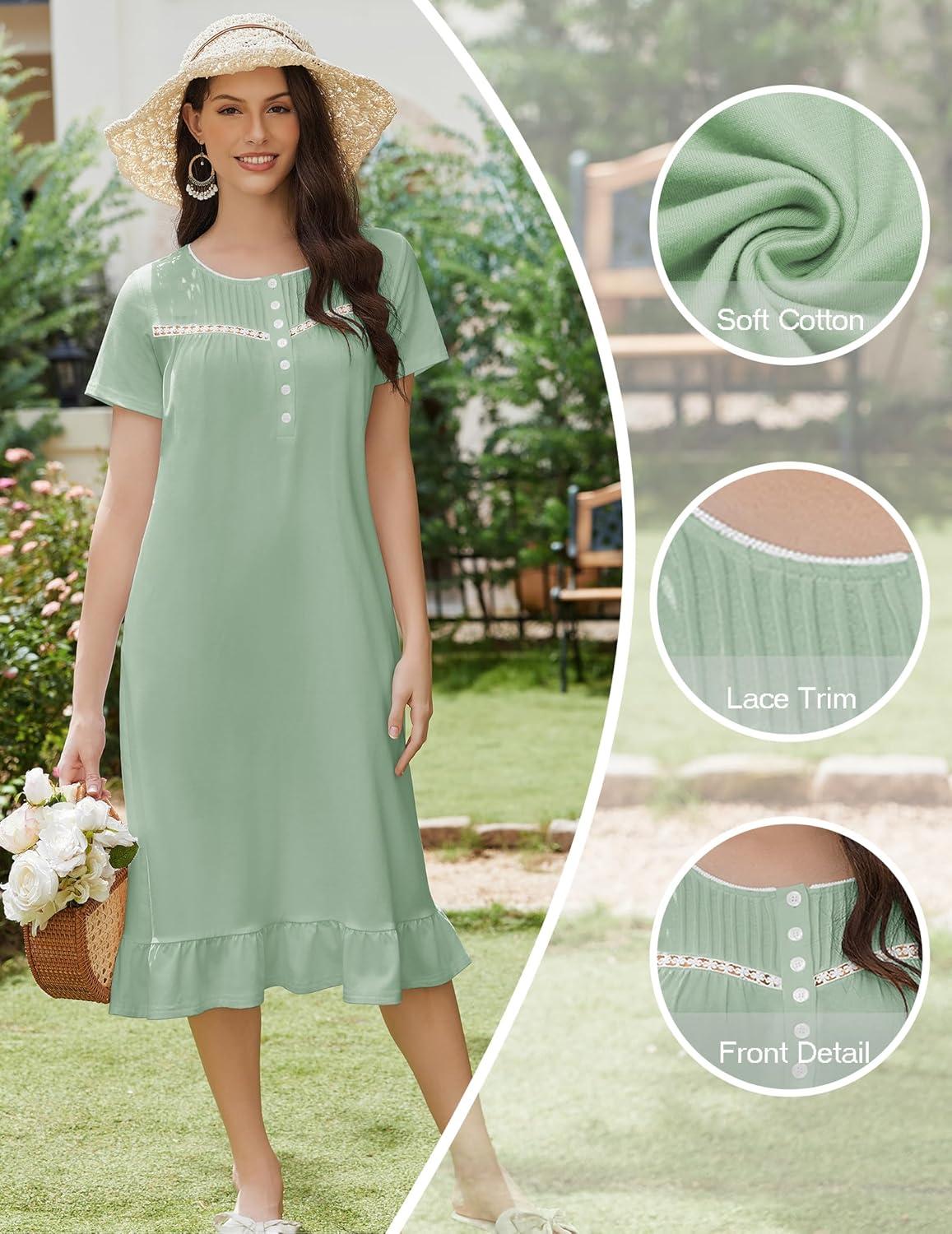 imageEkouaer Cotton Nightgowns for Women Soft Long Button Night Gowns Comfy House Dress with Pockets Short Sleeve Sleepwear S3XLLight Green