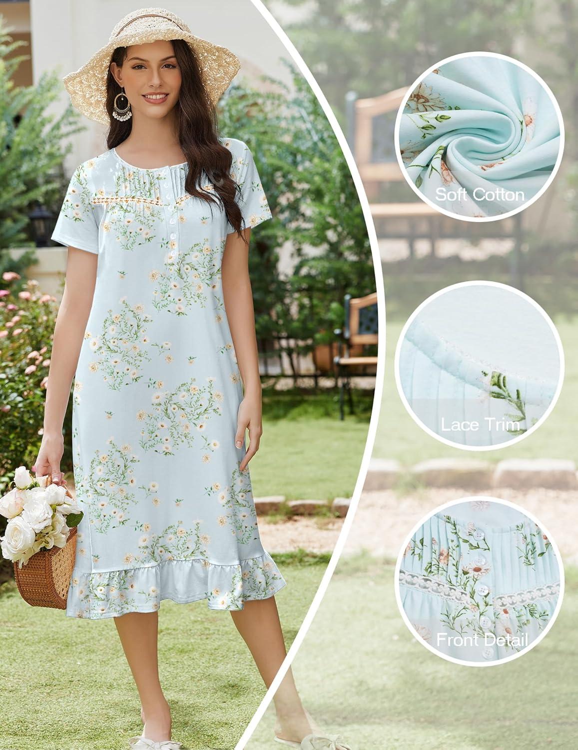imageEkouaer Cotton Nightgowns for Women Soft Long Button Night Gowns Comfy House Dress with Pockets Short Sleeve Sleepwear S3XLLight Green Daisy
