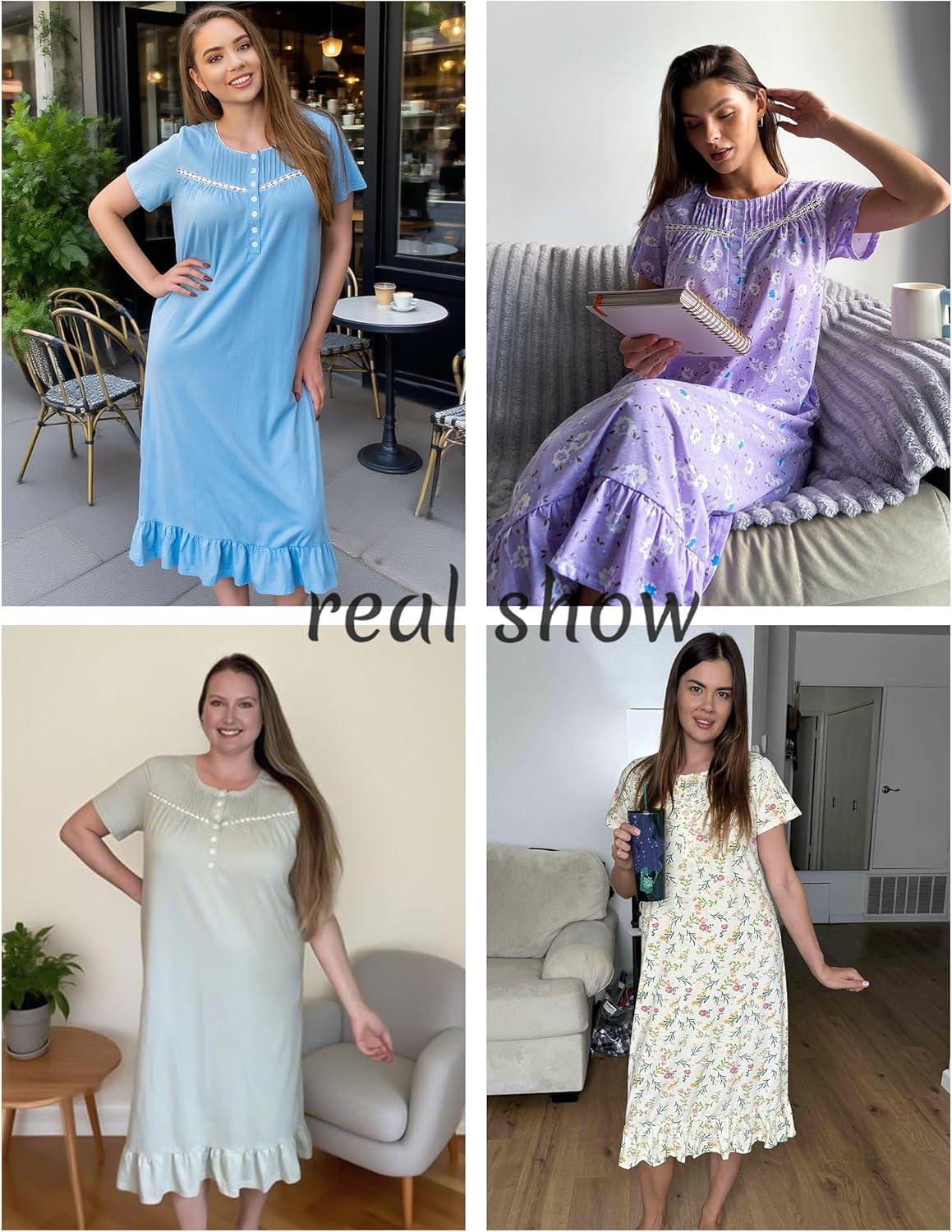 imageEkouaer Cotton Nightgowns for Women Soft Long Button Night Gowns Comfy House Dress with Pockets Short Sleeve Sleepwear S3XLLight Green Daisy