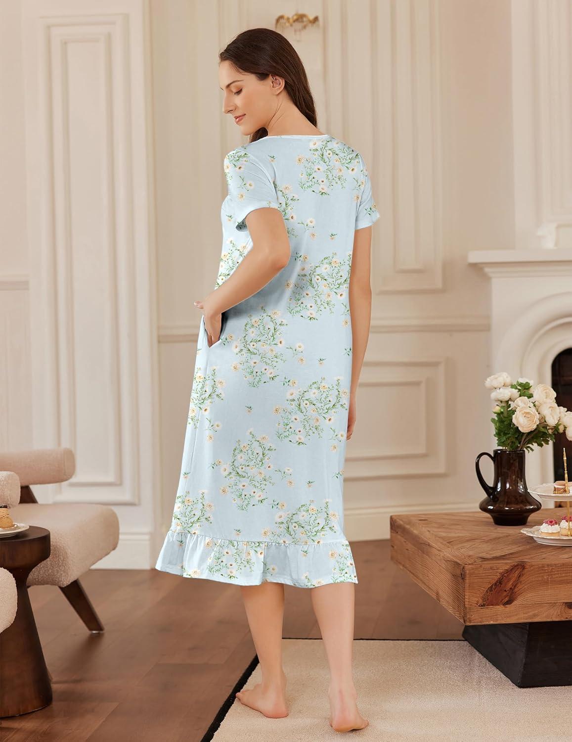 imageEkouaer Cotton Nightgowns for Women Soft Long Button Night Gowns Comfy House Dress with Pockets Short Sleeve Sleepwear S3XLLight Green Daisy