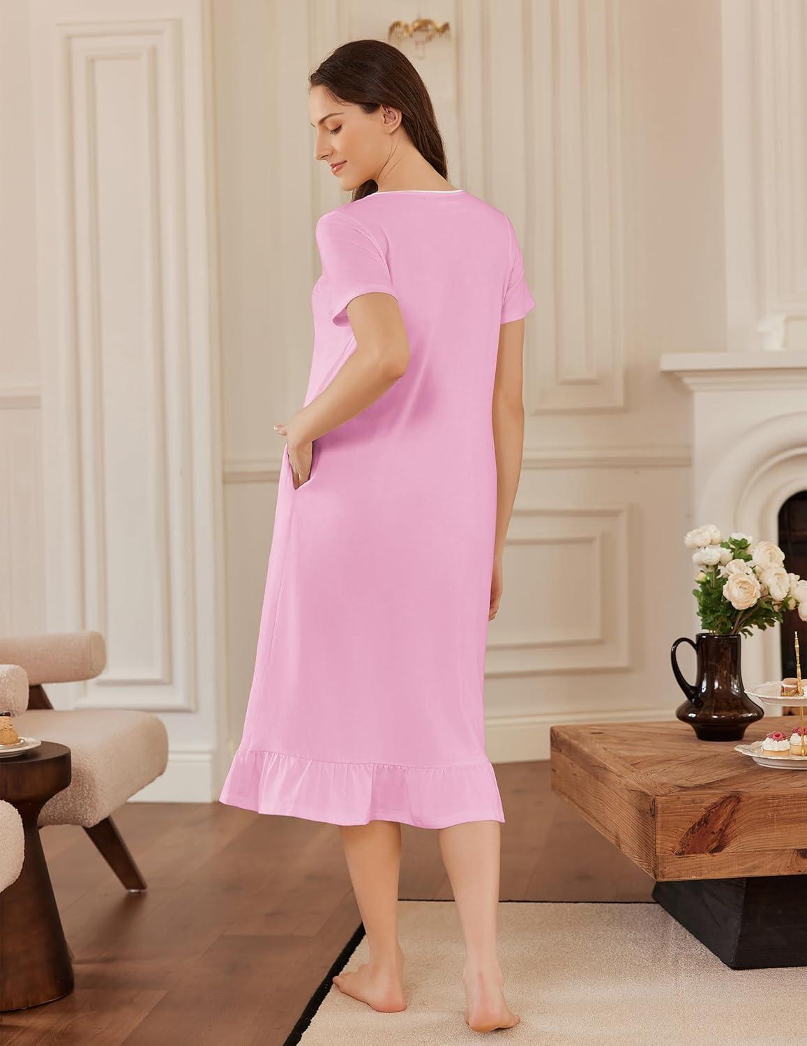 imageEkouaer Cotton Nightgowns for Women Soft Long Button Night Gowns Comfy House Dress with Pockets Short Sleeve Sleepwear S3XLPink