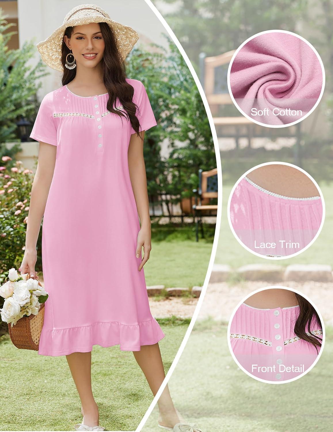 imageEkouaer Cotton Nightgowns for Women Soft Long Button Night Gowns Comfy House Dress with Pockets Short Sleeve Sleepwear S3XLPink