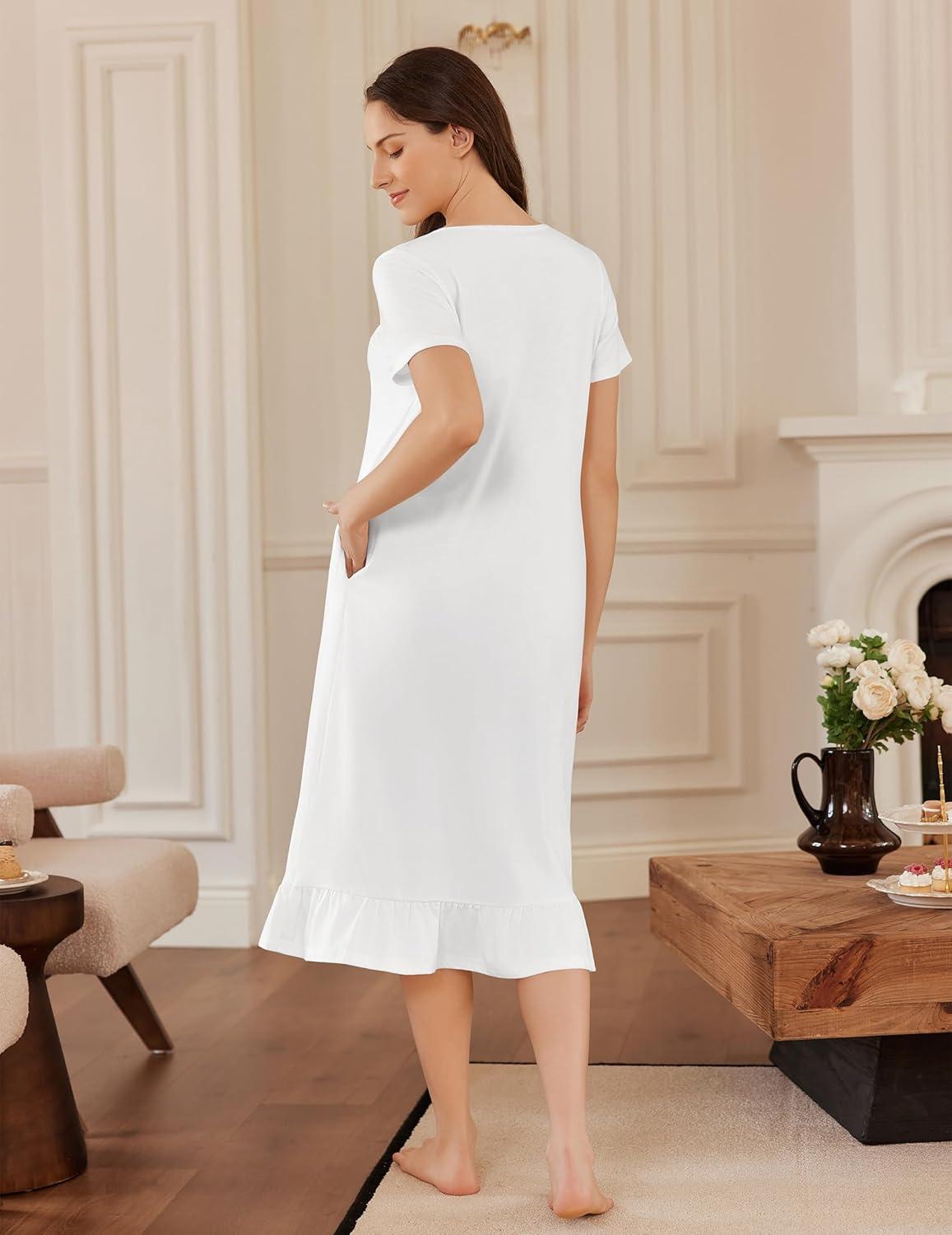 imageEkouaer Cotton Nightgowns for Women Soft Long Button Night Gowns Comfy House Dress with Pockets Short Sleeve Sleepwear S3XLWhite