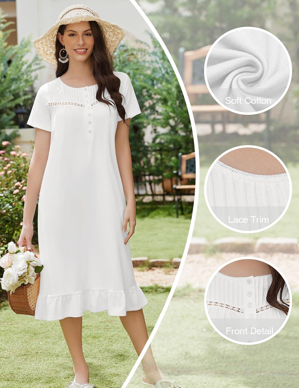 imageEkouaer Cotton Nightgowns for Women Soft Long Button Night Gowns Comfy House Dress with Pockets Short Sleeve Sleepwear S3XLWhite
