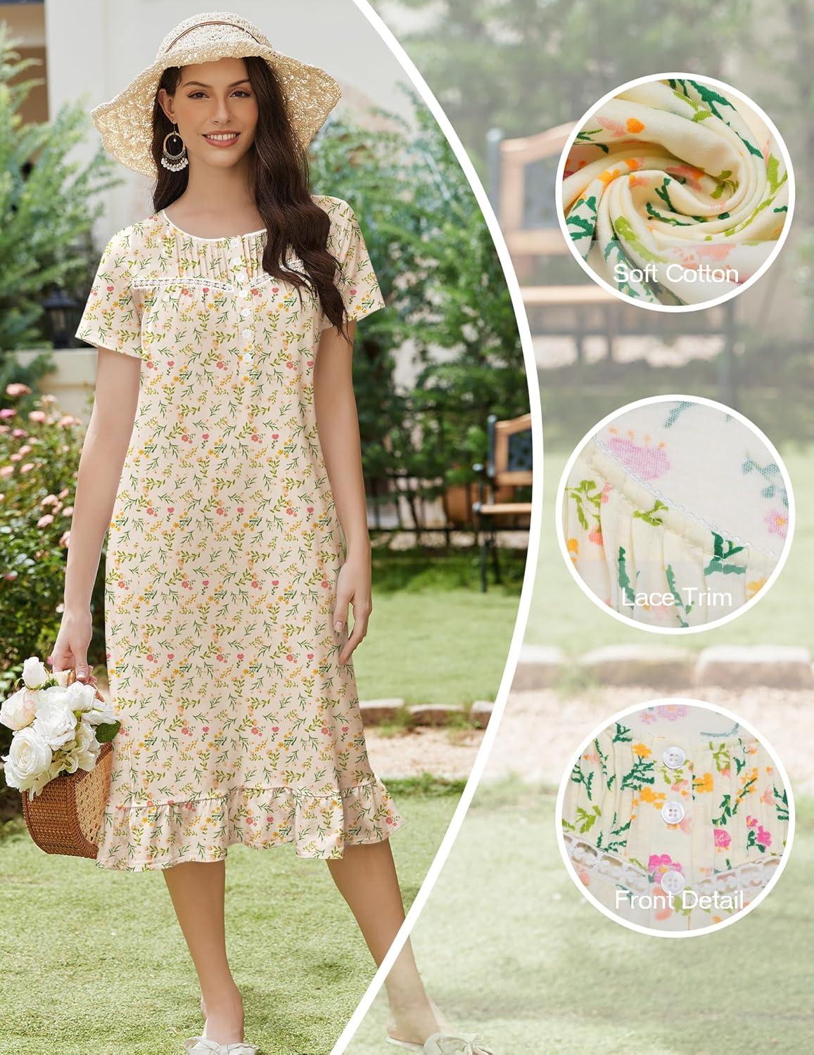 imageEkouaer Cotton Nightgowns for Women Soft Long Button Night Gowns Comfy House Dress with Pockets Short Sleeve Sleepwear S3XLYellow Florals