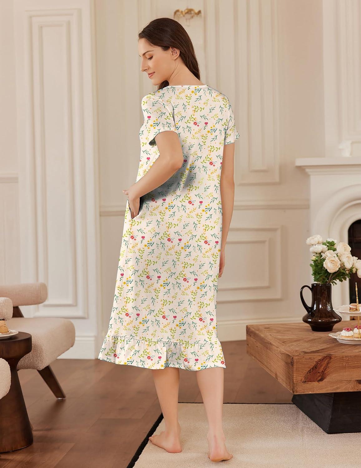 imageEkouaer Cotton Nightgowns for Women Soft Long Button Night Gowns Comfy House Dress with Pockets Short Sleeve Sleepwear S3XLYellow Florals