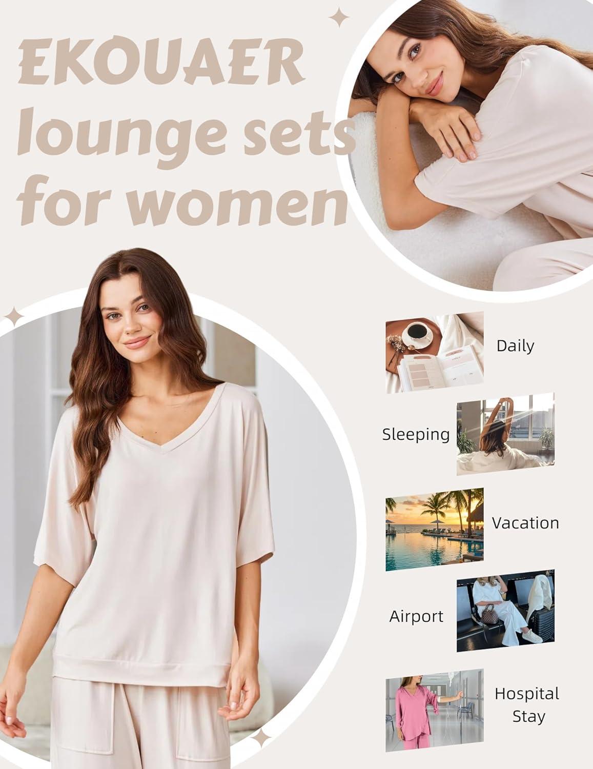 imageEkouaer Lounge Sets for Women Comfy Pajamas Set 2 Piece Outfits Short Sleeve Tops and Wide Leg Pants with Large PocketsLake Green