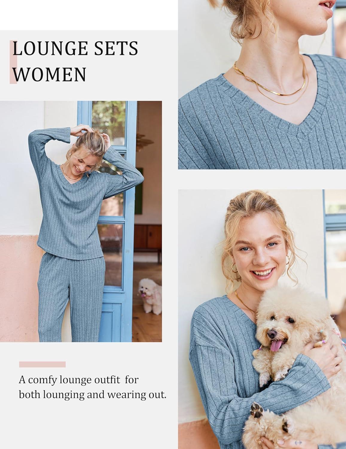 imageEkouaer Lounge Sets for Women Long Sleeve Knit Ribbed Pajama Sets 2 Piece Casual Loungewear with PocketsLight Blue