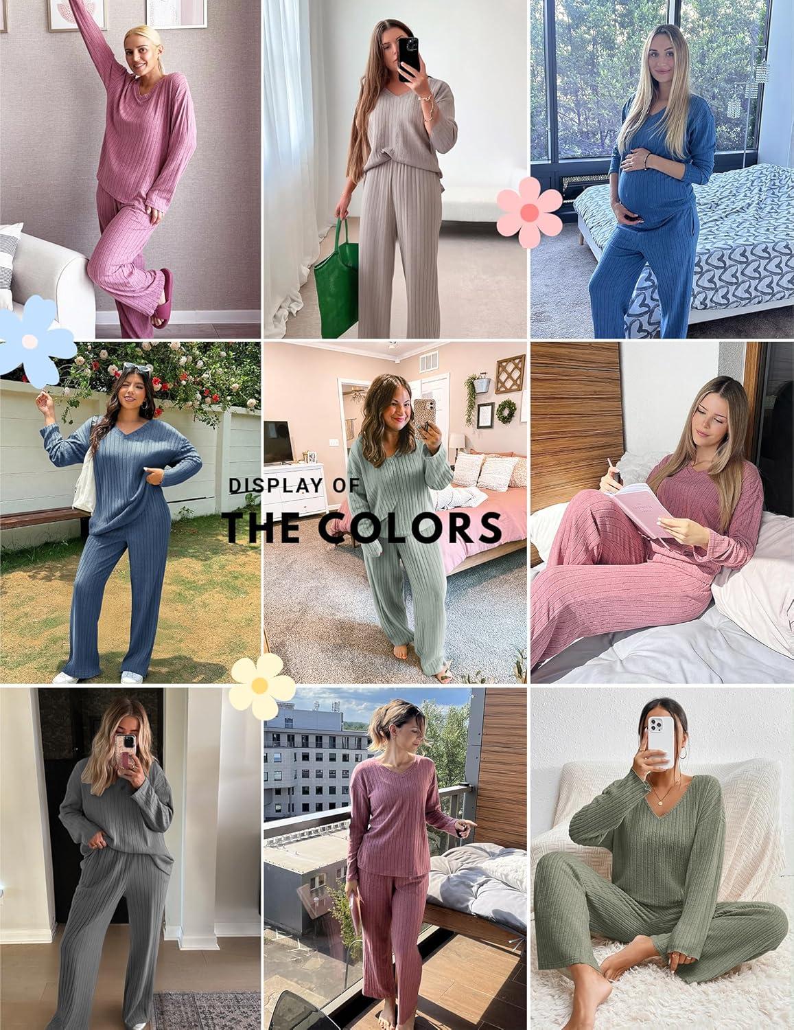 imageEkouaer Lounge Sets for Women Long Sleeve Knit Ribbed Pajama Sets 2 Piece Casual Loungewear with PocketsLight Gray