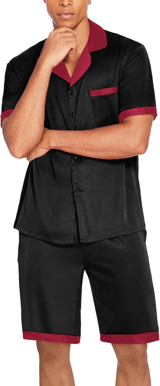 imageEkouaer Men Satin Silk Pajamas Set with Pockets Sleepwear Shorts Satin Summer Loungewear 2 Piece Button Down Set S3XLBlack