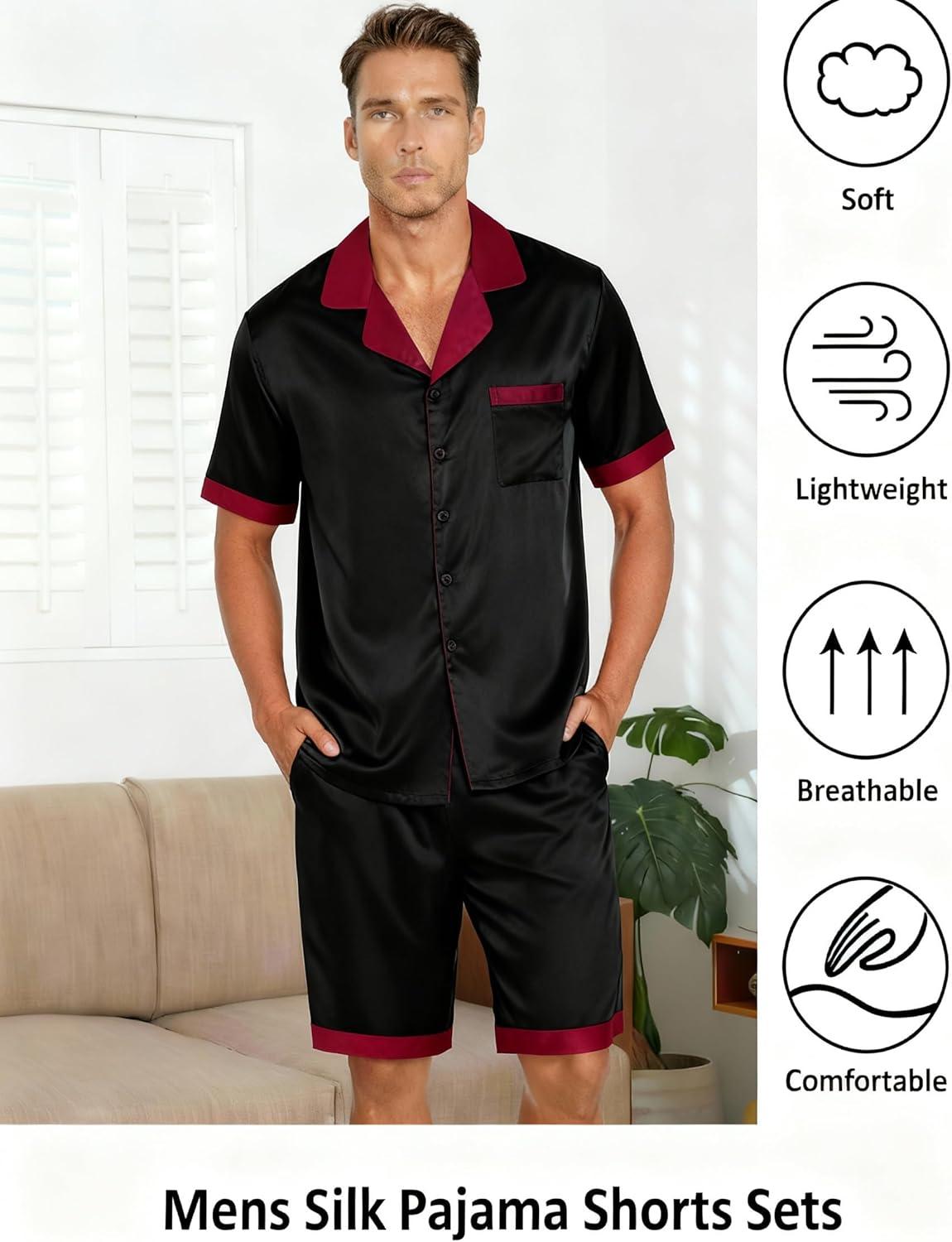 imageEkouaer Men Satin Silk Pajamas Set with Pockets Sleepwear Shorts Satin Summer Loungewear 2 Piece Button Down Set S3XLBlack