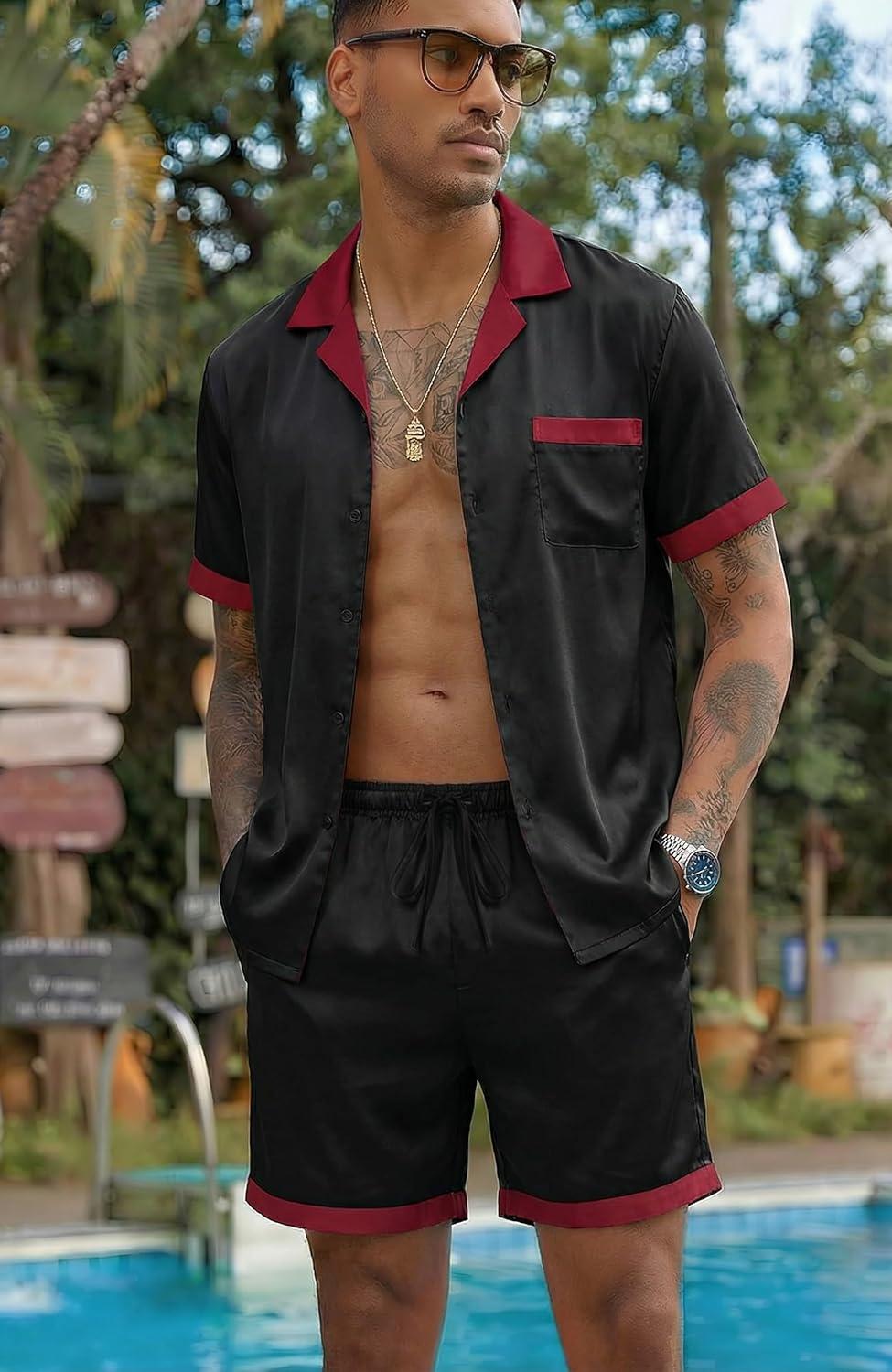 imageEkouaer Men Satin Silk Pajamas Set with Pockets Sleepwear Shorts Satin Summer Loungewear 2 Piece Button Down Set S3XLBlack