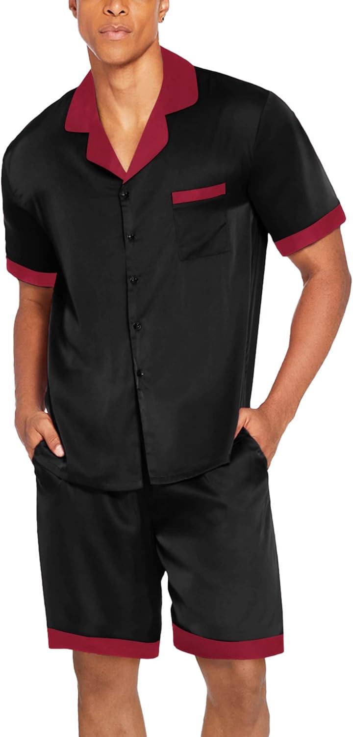 imageEkouaer Men Satin Silk Pajamas Set with Pockets Sleepwear Shorts Satin Summer Loungewear 2 Piece Button Down Set S3XLBlack