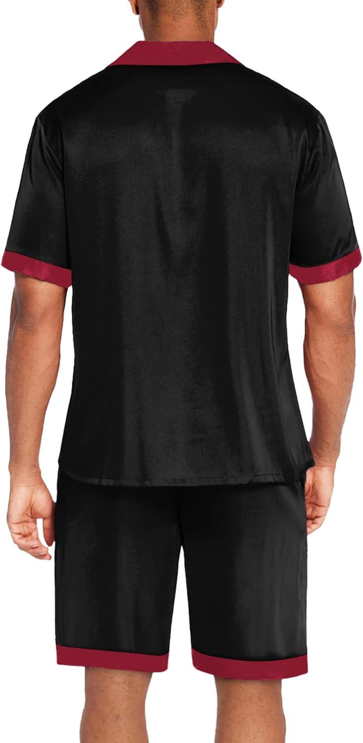imageEkouaer Men Satin Silk Pajamas Set with Pockets Sleepwear Shorts Satin Summer Loungewear 2 Piece Button Down Set S3XLBlack