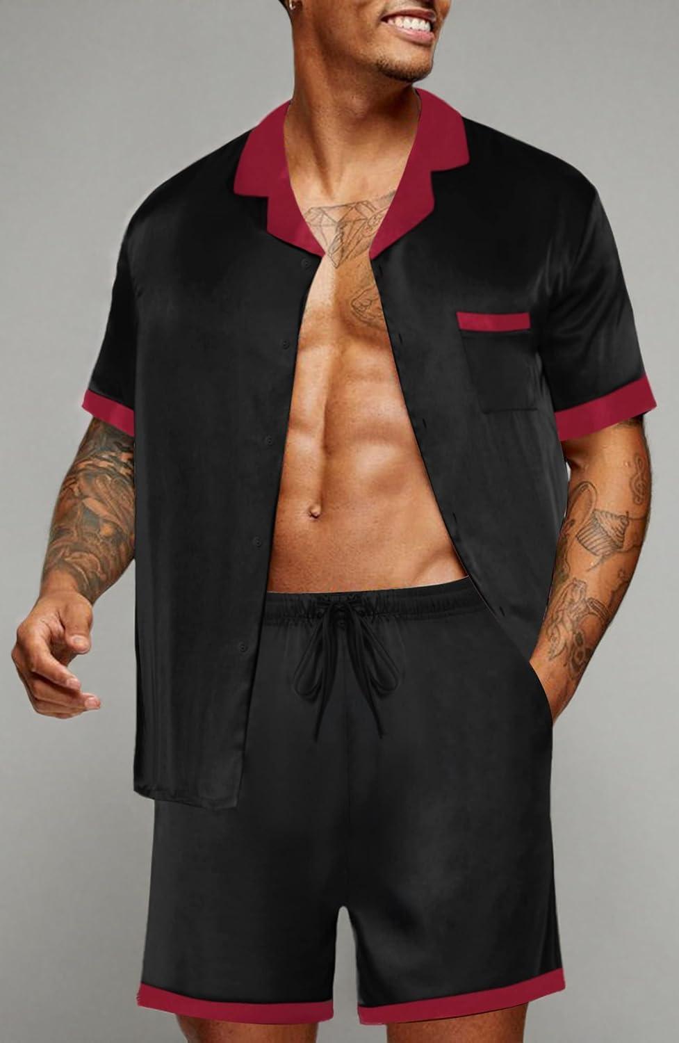 imageEkouaer Men Satin Silk Pajamas Set with Pockets Sleepwear Shorts Satin Summer Loungewear 2 Piece Button Down Set S3XLBlack