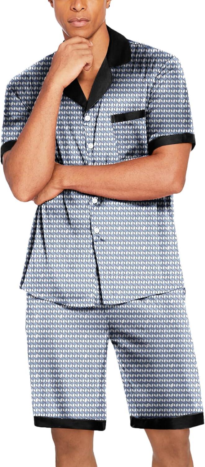 imageEkouaer Men Satin Silk Pajamas Set with Pockets Sleepwear Shorts Satin Summer Loungewear 2 Piece Button Down Set S3XLBlue Geometry