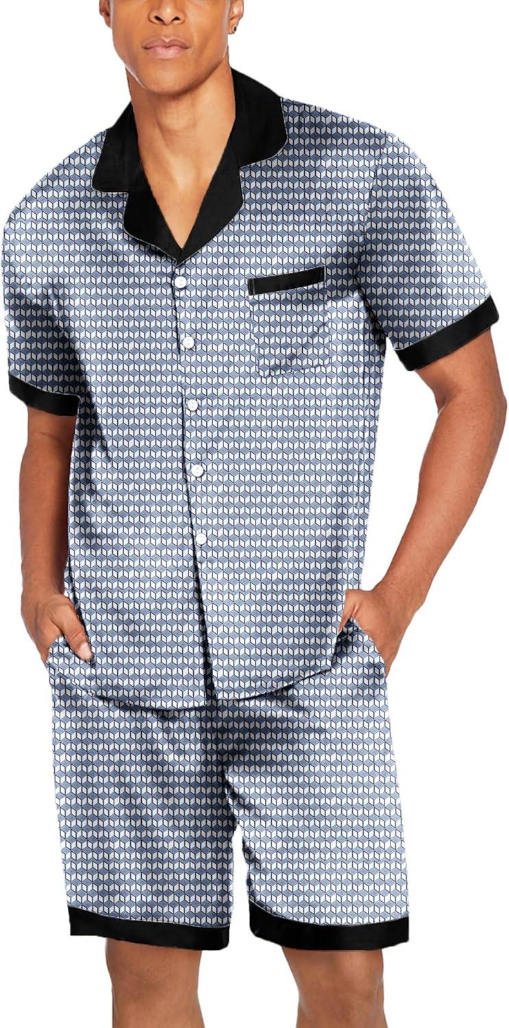imageEkouaer Men Satin Silk Pajamas Set with Pockets Sleepwear Shorts Satin Summer Loungewear 2 Piece Button Down Set S3XLBlue Geometry