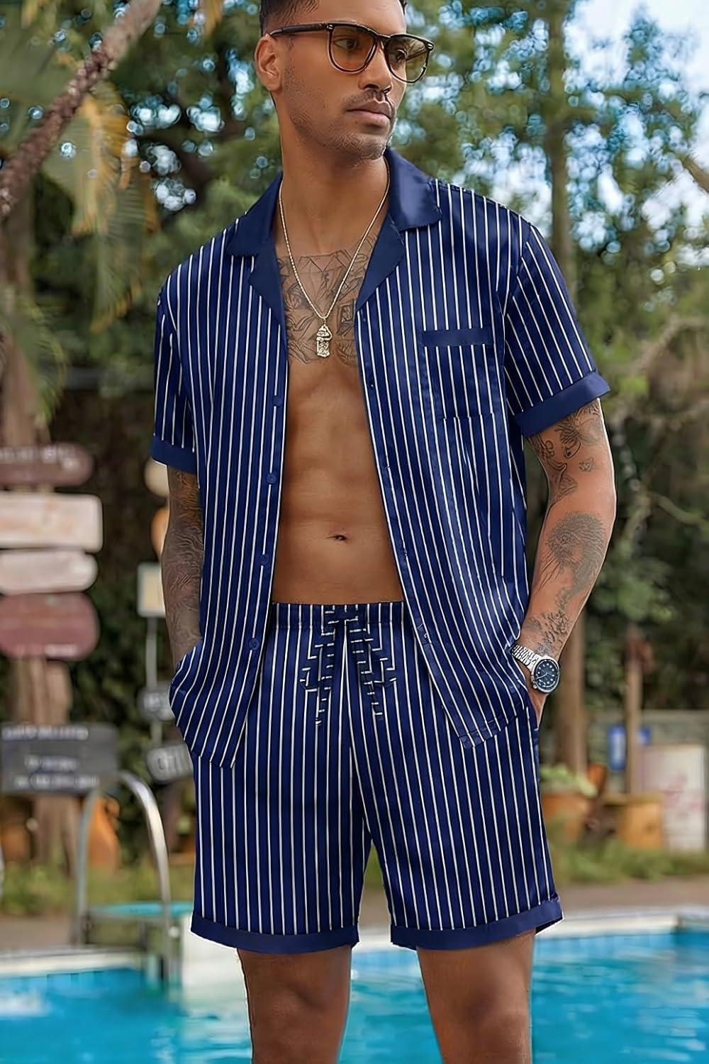 imageEkouaer Men Satin Silk Pajamas Set with Pockets Sleepwear Shorts Satin Summer Loungewear 2 Piece Button Down Set S3XLBlue Striped