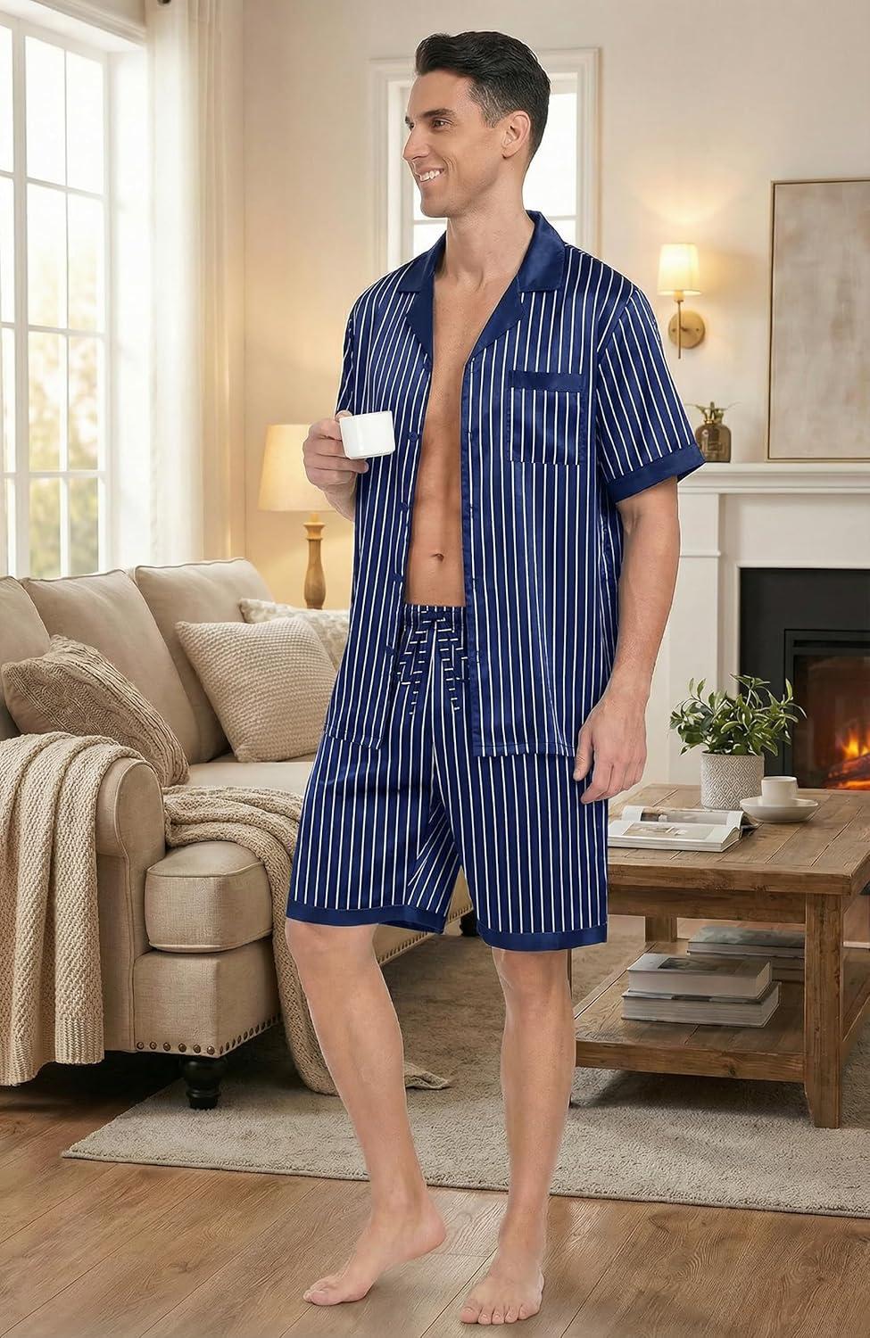 imageEkouaer Men Satin Silk Pajamas Set with Pockets Sleepwear Shorts Satin Summer Loungewear 2 Piece Button Down Set S3XLBlue Striped