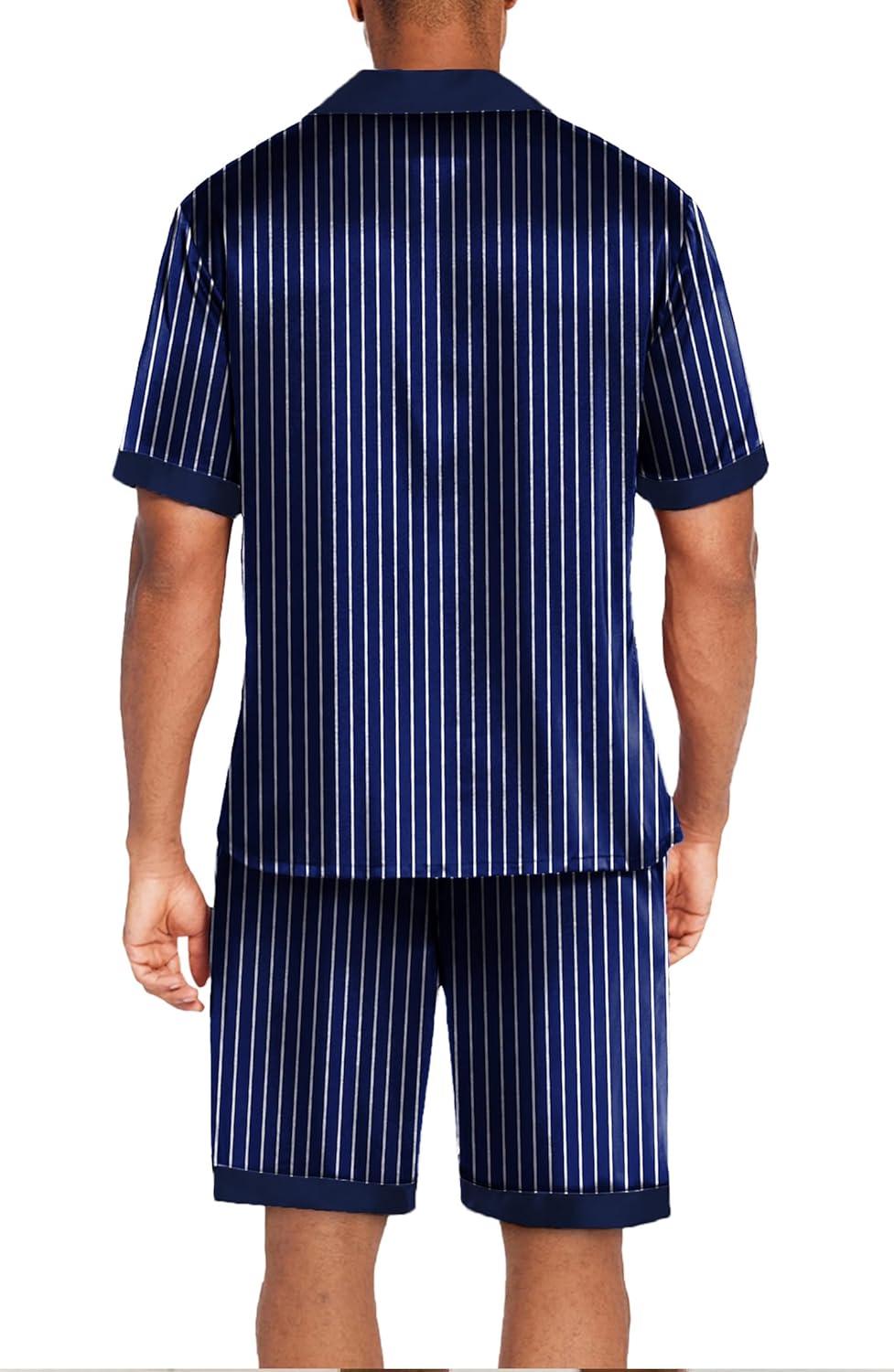 imageEkouaer Men Satin Silk Pajamas Set with Pockets Sleepwear Shorts Satin Summer Loungewear 2 Piece Button Down Set S3XLBlue Striped