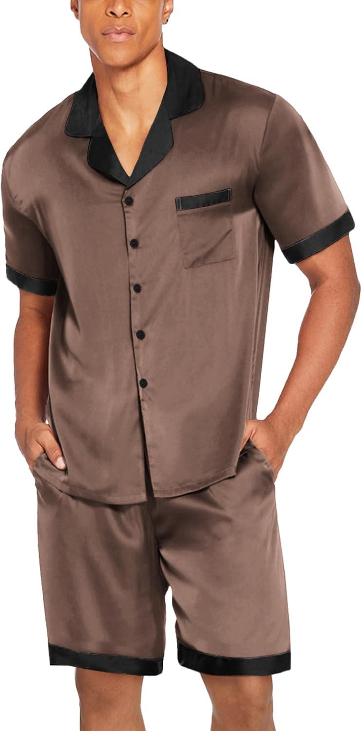 imageEkouaer Men Satin Silk Pajamas Set with Pockets Sleepwear Shorts Satin Summer Loungewear 2 Piece Button Down Set S3XLBrown