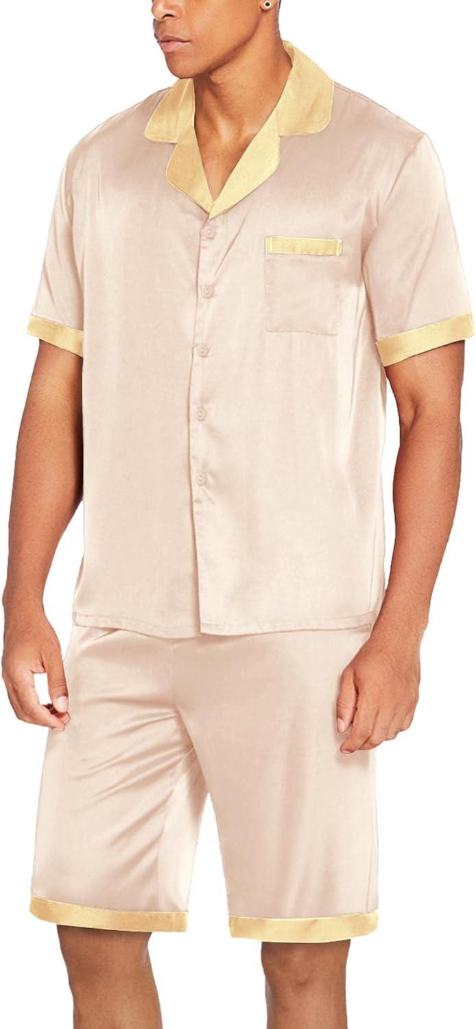 imageEkouaer Men Satin Silk Pajamas Set with Pockets Sleepwear Shorts Satin Summer Loungewear 2 Piece Button Down Set S3XLChampagne
