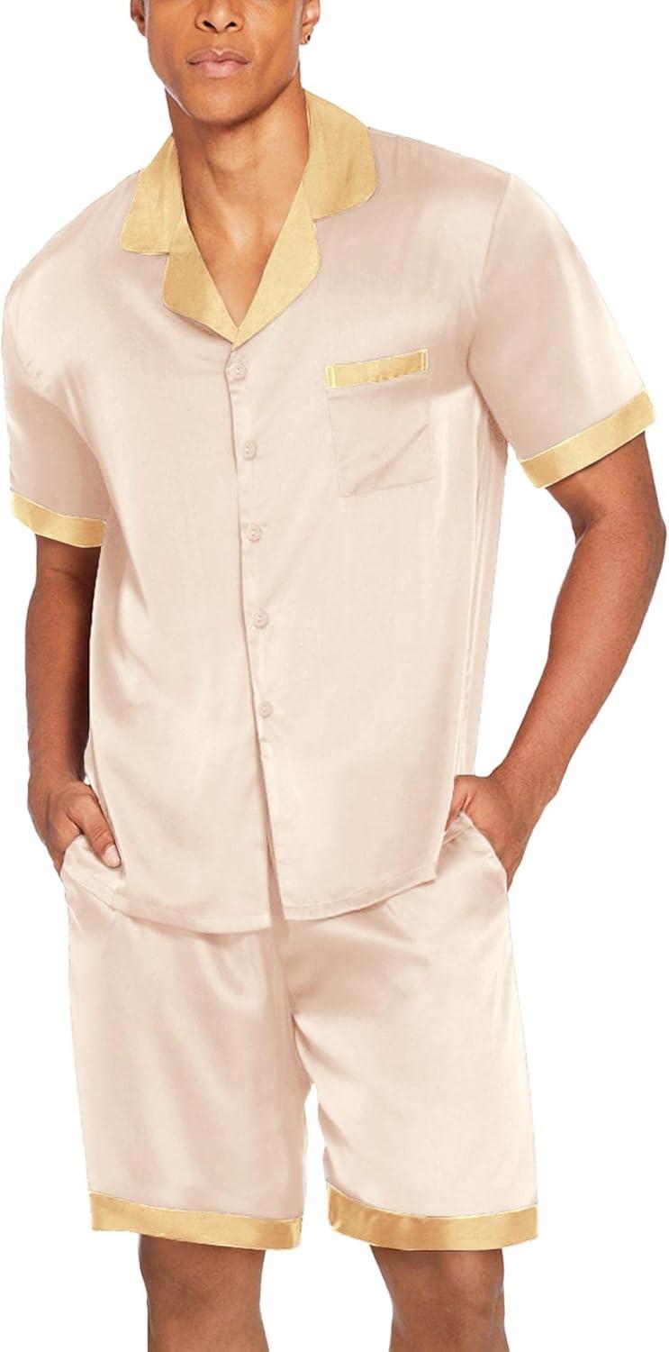 imageEkouaer Men Satin Silk Pajamas Set with Pockets Sleepwear Shorts Satin Summer Loungewear 2 Piece Button Down Set S3XLChampagne