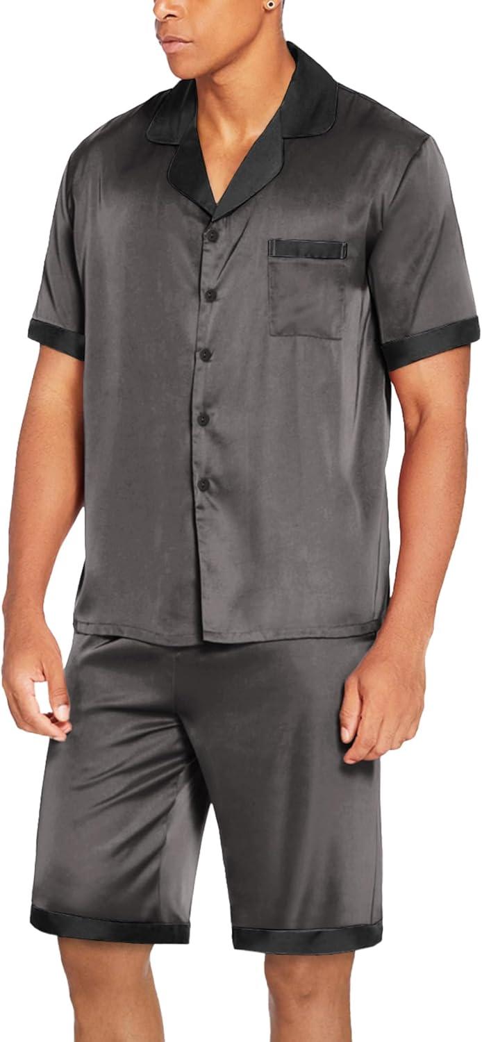 imageEkouaer Men Satin Silk Pajamas Set with Pockets Sleepwear Shorts Satin Summer Loungewear 2 Piece Button Down Set S3XLDark Grey