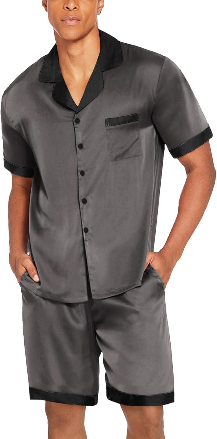 imageEkouaer Men Satin Silk Pajamas Set with Pockets Sleepwear Shorts Satin Summer Loungewear 2 Piece Button Down Set S3XLDark Grey