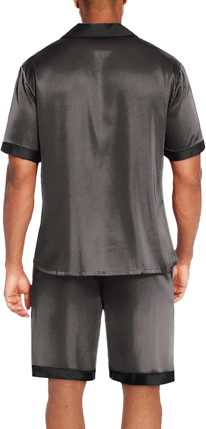 imageEkouaer Men Satin Silk Pajamas Set with Pockets Sleepwear Shorts Satin Summer Loungewear 2 Piece Button Down Set S3XLDark Grey