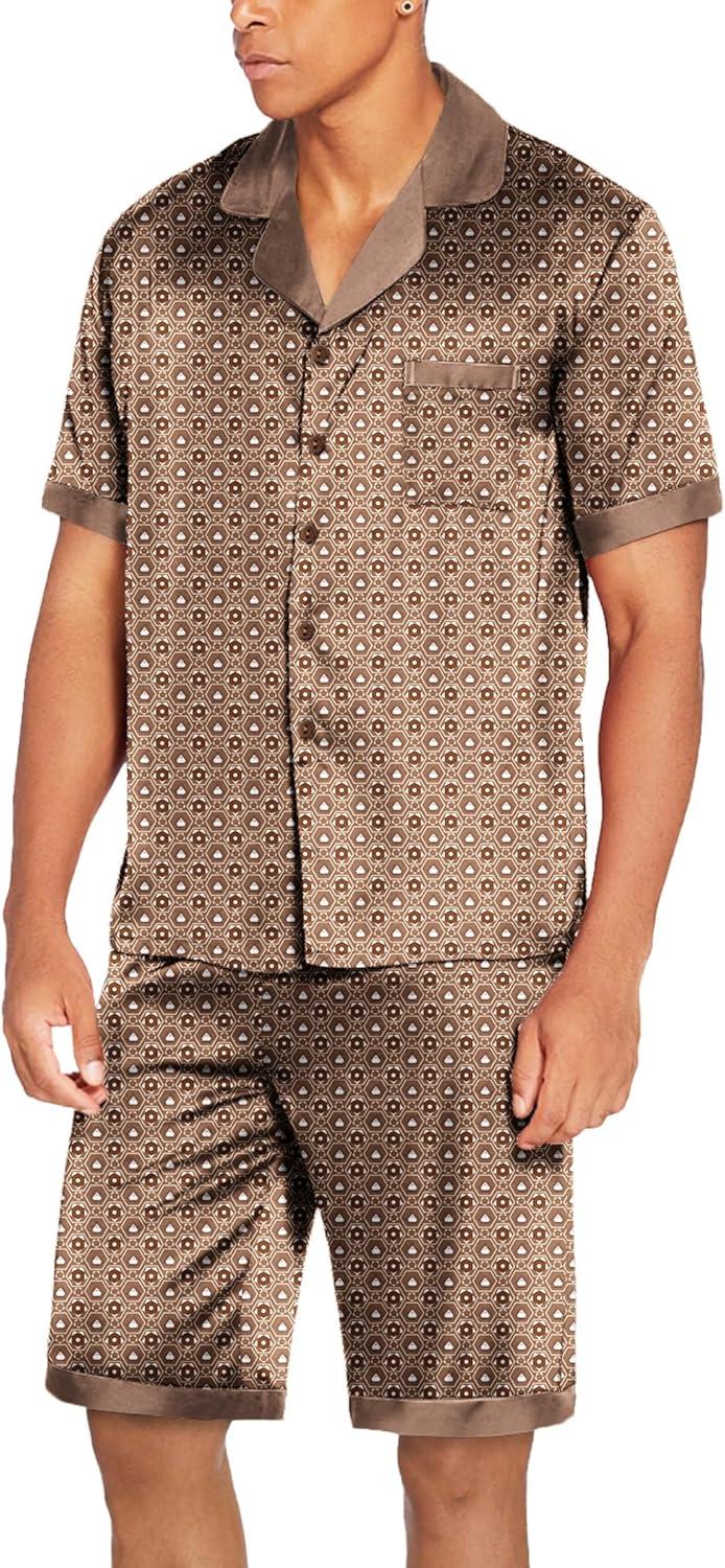 imageEkouaer Men Satin Silk Pajamas Set with Pockets Sleepwear Shorts Satin Summer Loungewear 2 Piece Button Down Set S3XLGeometric Gold