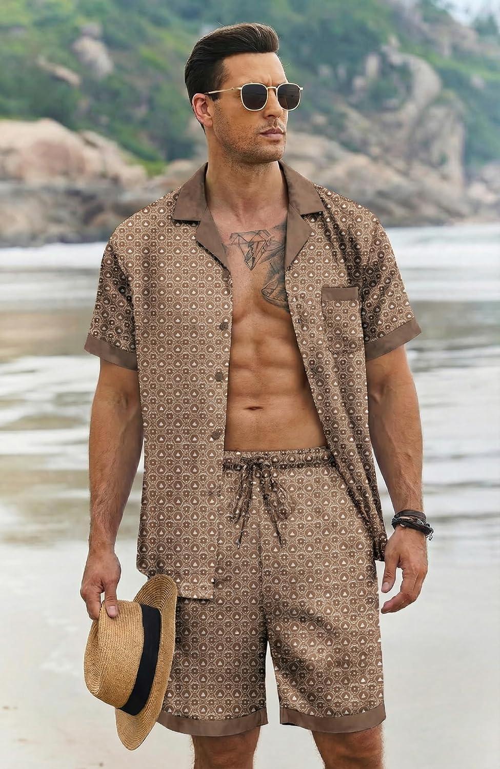 imageEkouaer Men Satin Silk Pajamas Set with Pockets Sleepwear Shorts Satin Summer Loungewear 2 Piece Button Down Set S3XLGeometric Gold