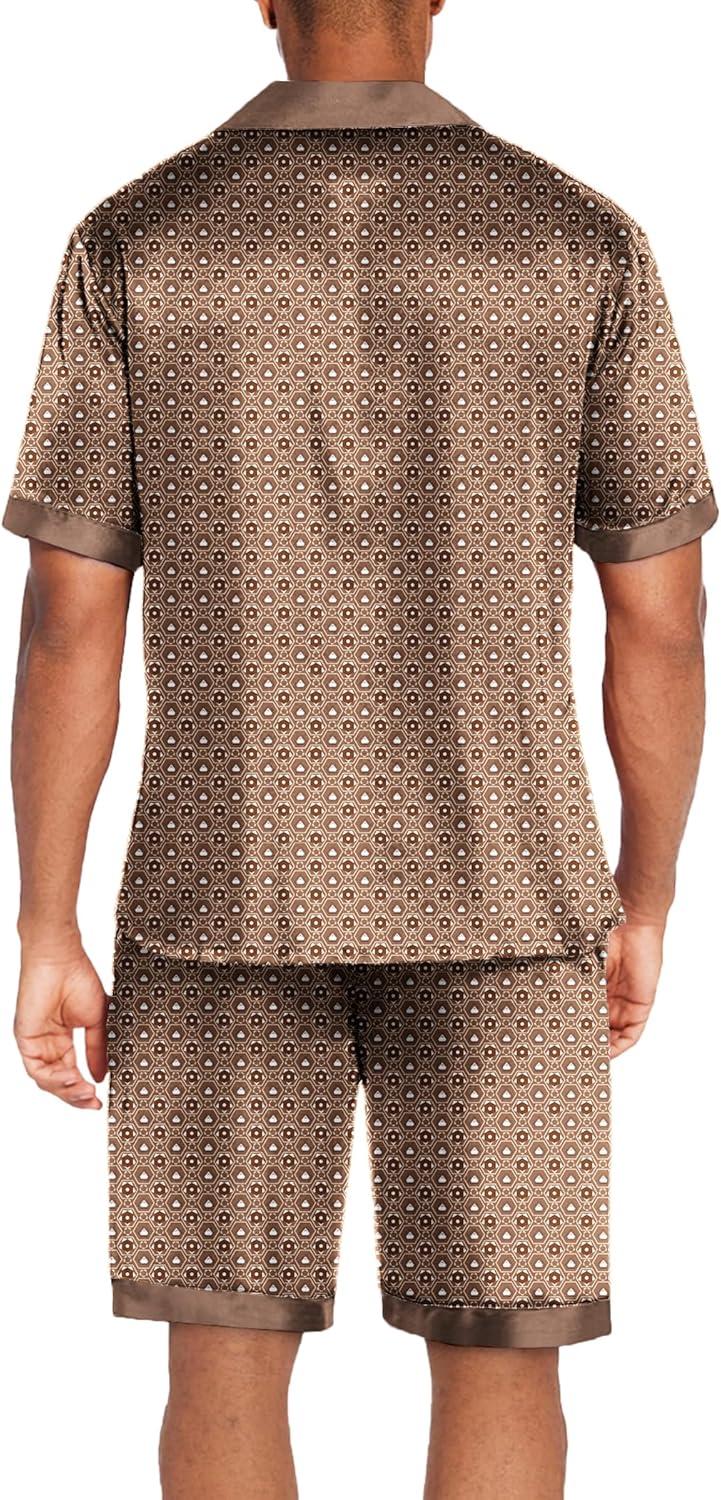 imageEkouaer Men Satin Silk Pajamas Set with Pockets Sleepwear Shorts Satin Summer Loungewear 2 Piece Button Down Set S3XLGeometric Gold