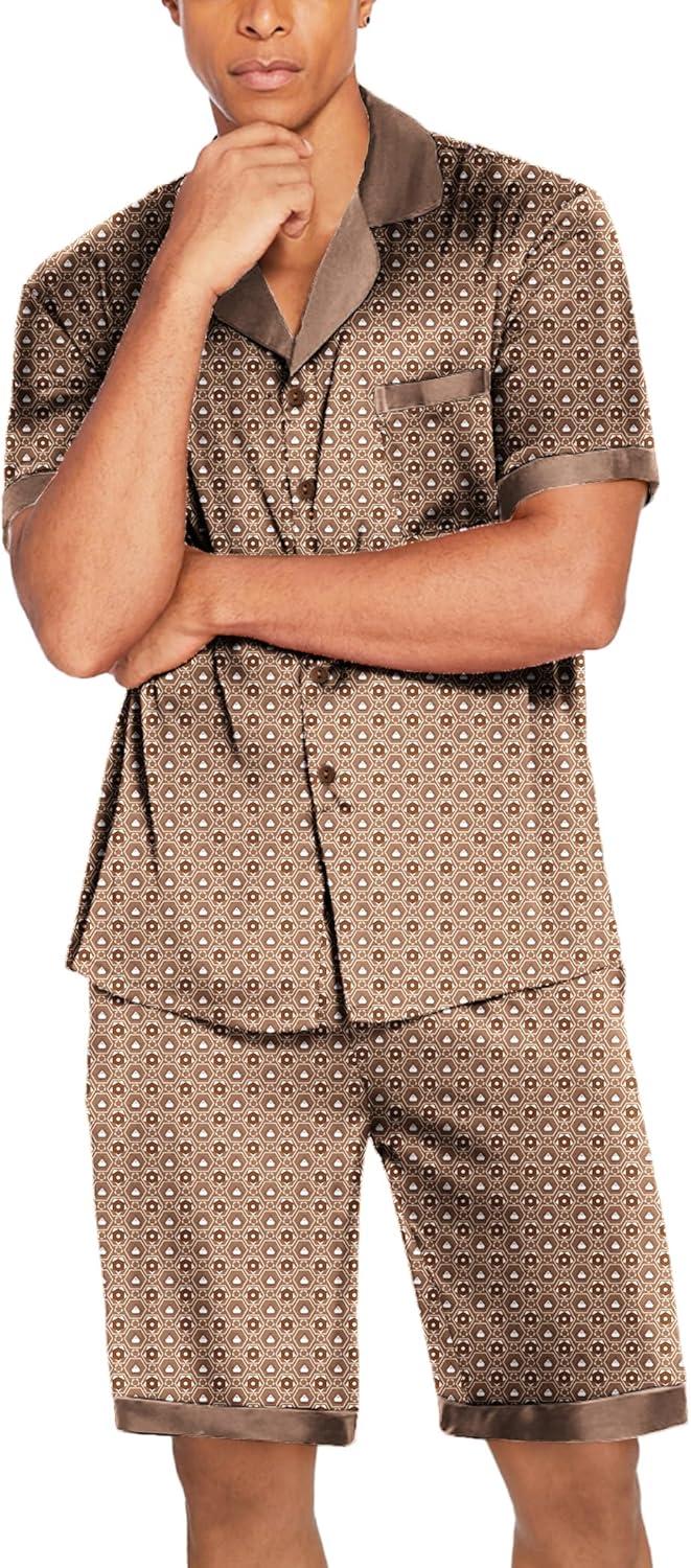imageEkouaer Men Satin Silk Pajamas Set with Pockets Sleepwear Shorts Satin Summer Loungewear 2 Piece Button Down Set S3XLGeometric Gold