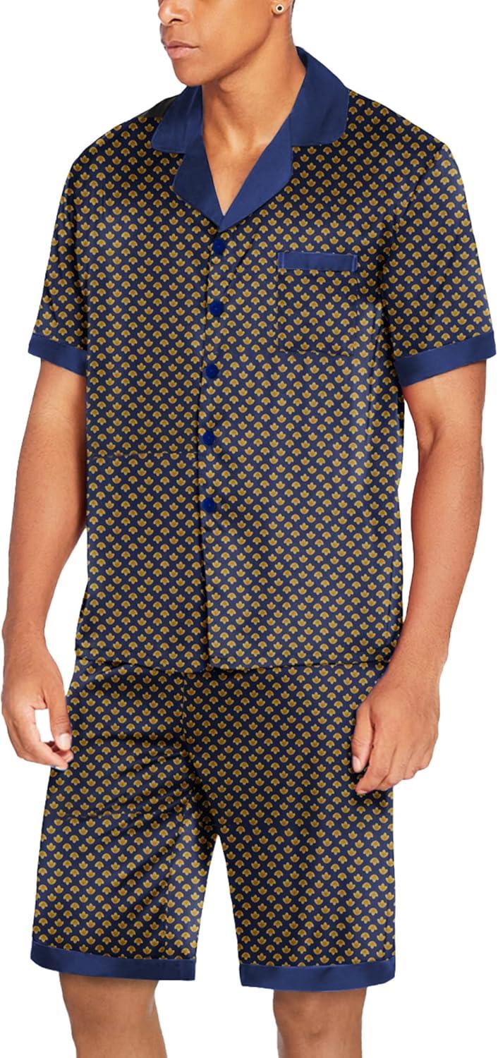 imageEkouaer Men Satin Silk Pajamas Set with Pockets Sleepwear Shorts Satin Summer Loungewear 2 Piece Button Down Set S3XLGeometric Yellow