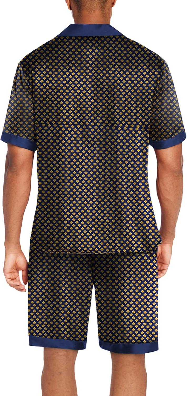 imageEkouaer Men Satin Silk Pajamas Set with Pockets Sleepwear Shorts Satin Summer Loungewear 2 Piece Button Down Set S3XLGeometric Yellow