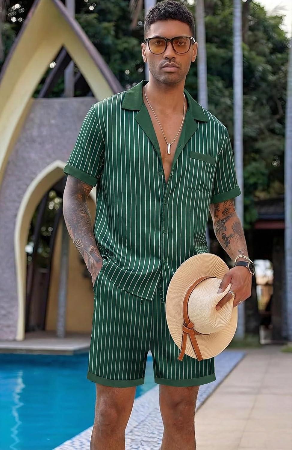 imageEkouaer Men Satin Silk Pajamas Set with Pockets Sleepwear Shorts Satin Summer Loungewear 2 Piece Button Down Set S3XLGreen Striped